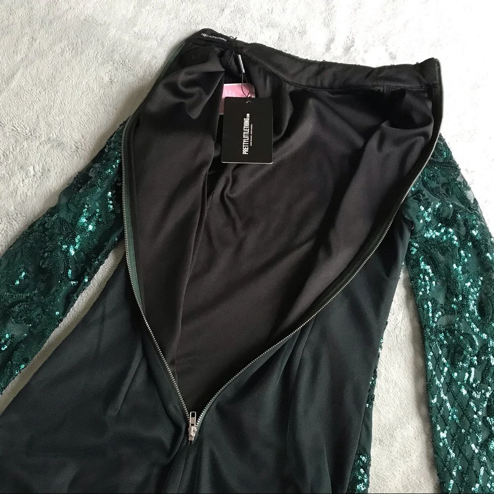 NWT PrettyLittleThing Emerald Green Sequin Fringe Tassel Bodycon Party Dress 2 - Picture 12 of 13